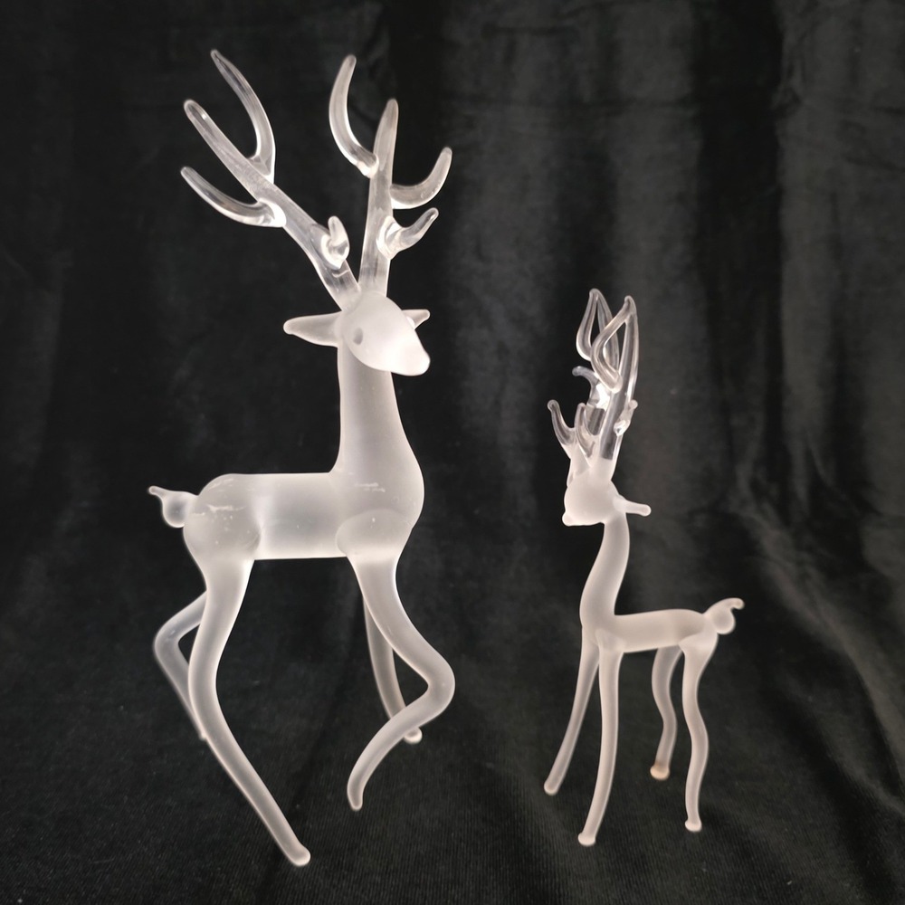 Vintage Frosted and Clear Art Glass Reindeer Figurine Set of 2 Silvestri 7" & 5"